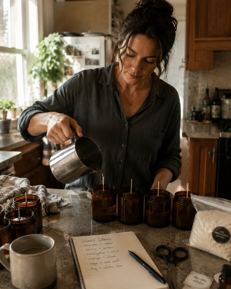 Tessa pouring wax into glass vessels in her Asheville shed